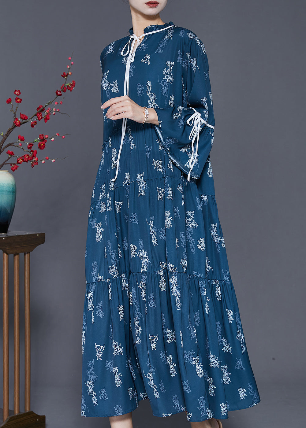 Women Navy Print Exra Large Hem Cotton Dresses Spring