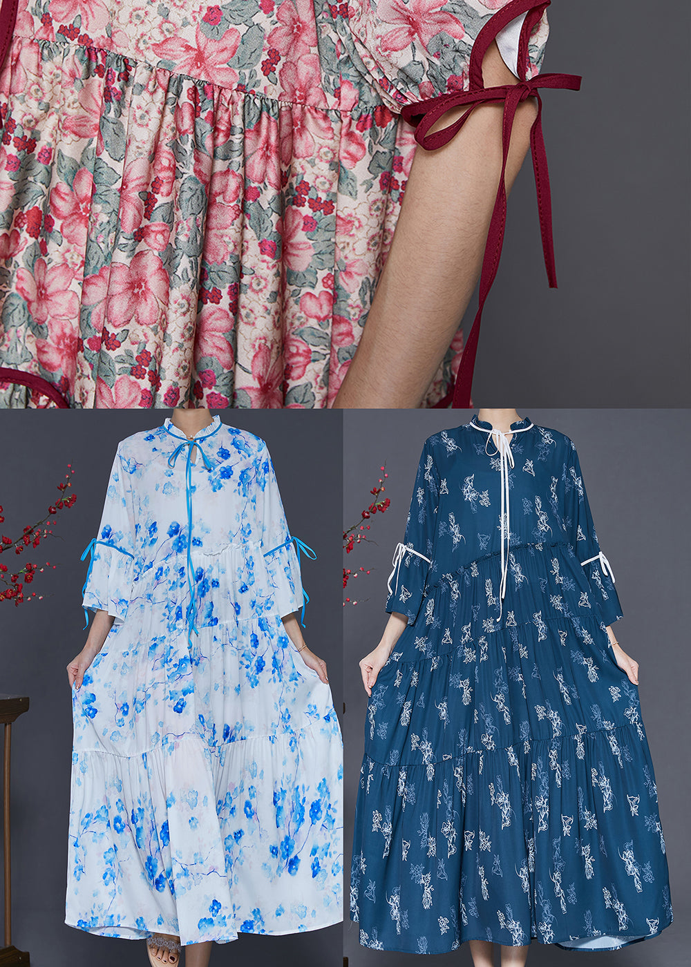 Women Navy Print Exra Large Hem Cotton Dresses Spring