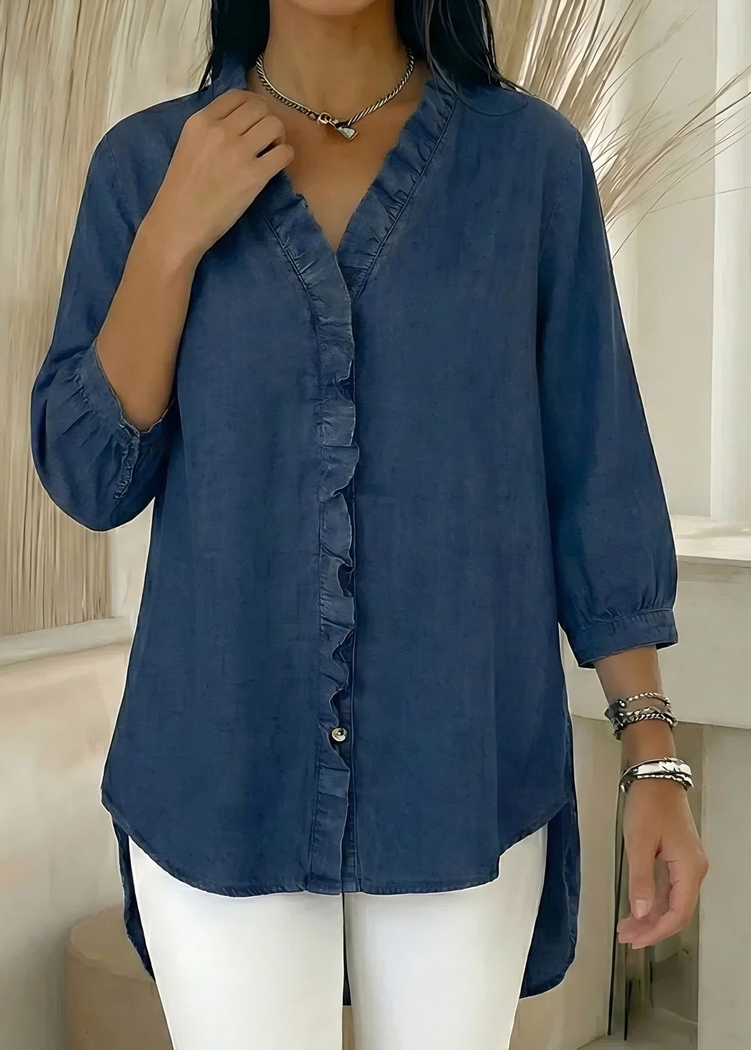 Women Navy Ruffled Oversized Denim Shirt Tops Bracelet Sleeve