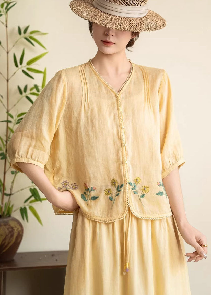 Women Navy V Neck Embroidered Linen Tops Summer