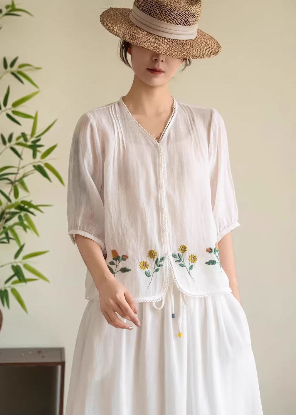 Women Navy V Neck Embroidered Linen Tops Summer