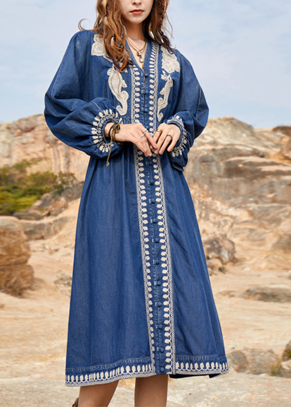 Women Navy V Neck Embroidered Patchwork Denim Maxi Dresses Spring