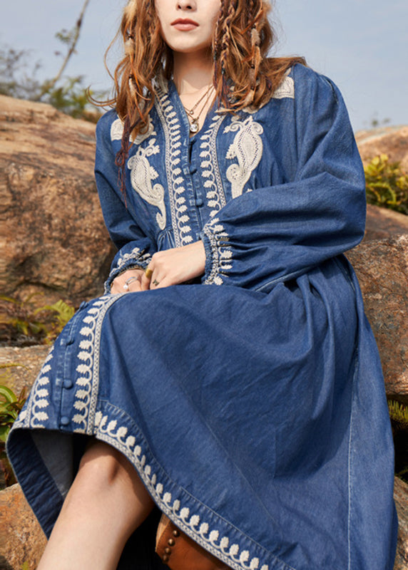 Women Navy V Neck Embroidered Patchwork Denim Maxi Dresses Spring