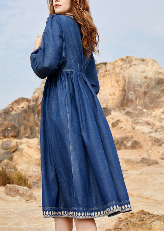 Women Navy V Neck Embroidered Patchwork Denim Maxi Dresses Spring