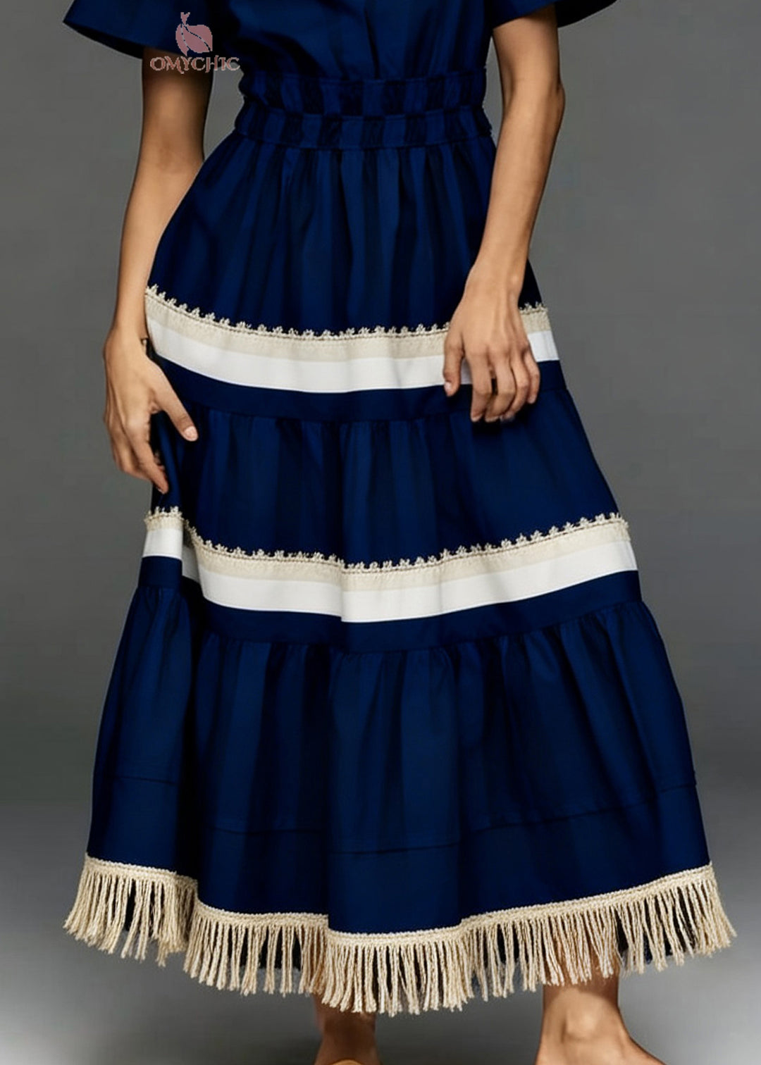Women Navy V Neck Tasseled Patchwork Cotton Dresses Summer