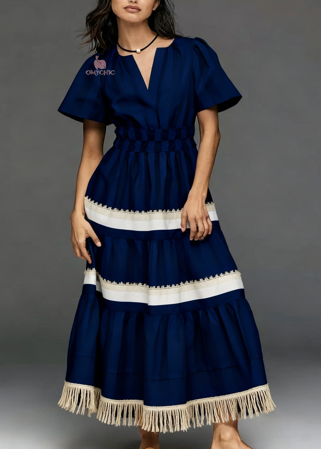 Women Navy V Neck Tasseled Patchwork Cotton Dresses Summer