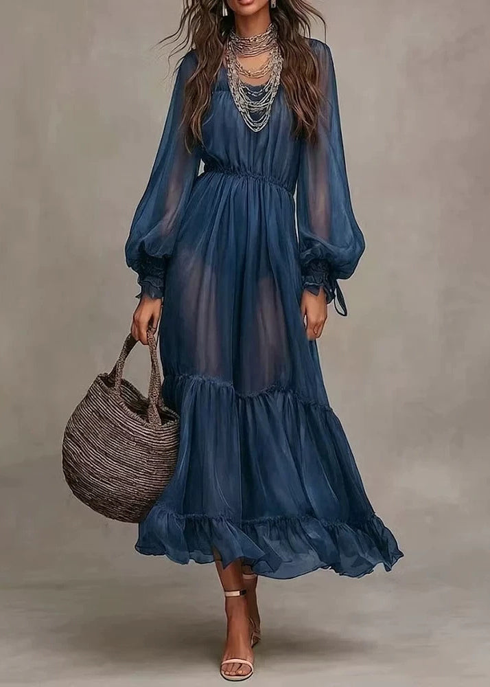 Women Navy Wrinkled Patchwork Chiffon Robe Dresses Flare Sleeve