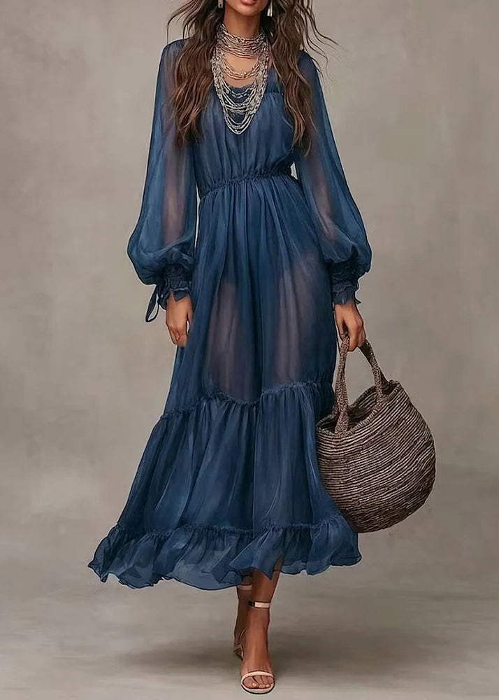Women Navy Wrinkled Patchwork Chiffon Robe Dresses Flare Sleeve