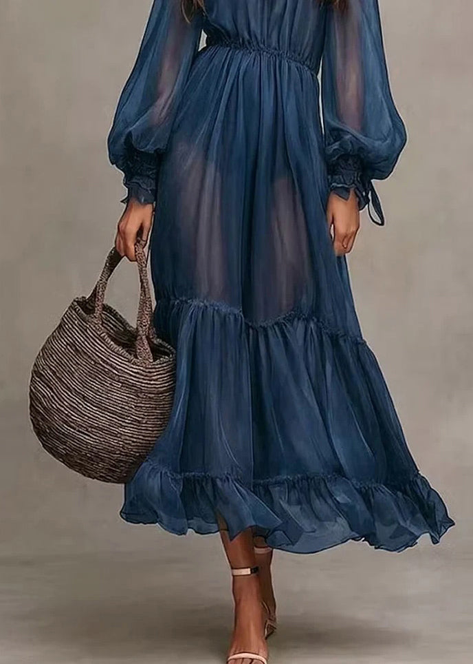 Women Navy Wrinkled Patchwork Chiffon Robe Dresses Flare Sleeve