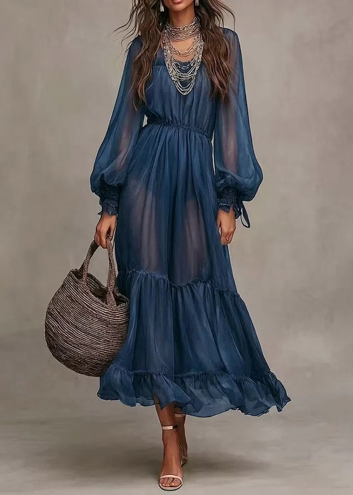 Women Navy Wrinkled Patchwork Chiffon Robe Dresses Flare Sleeve