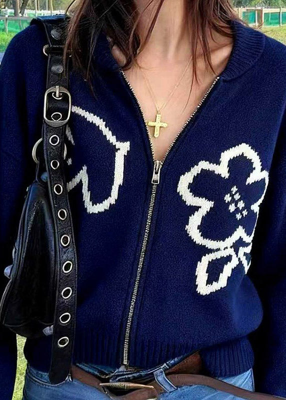 Women Navy Zip Up Floral Knit Loose Coat Spring