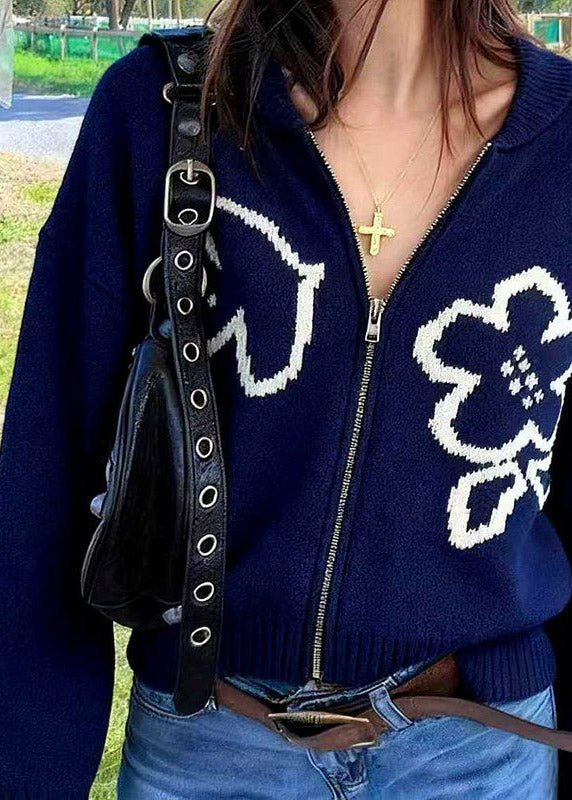 Women Navy Zip Up Floral Knit Loose Coat Spring