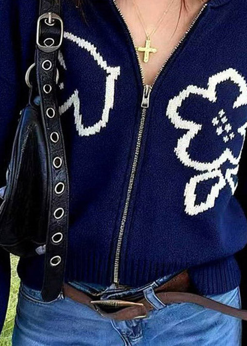 Women Navy Zip Up Floral Knit Loose Coat Spring