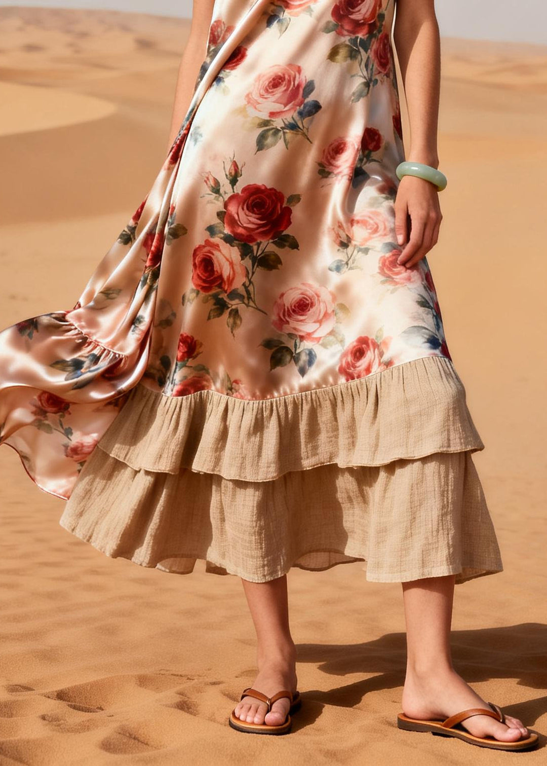 Women Nude Flower Patchwork Linen Silk Long Dress Summer