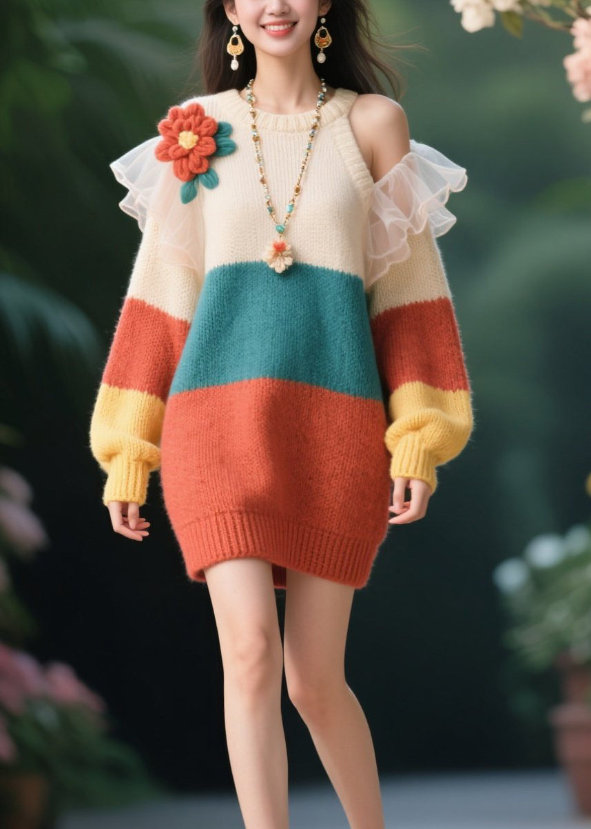 Women O-Neck Cold Shoulder Floral Knit Sweater Dresses Fall