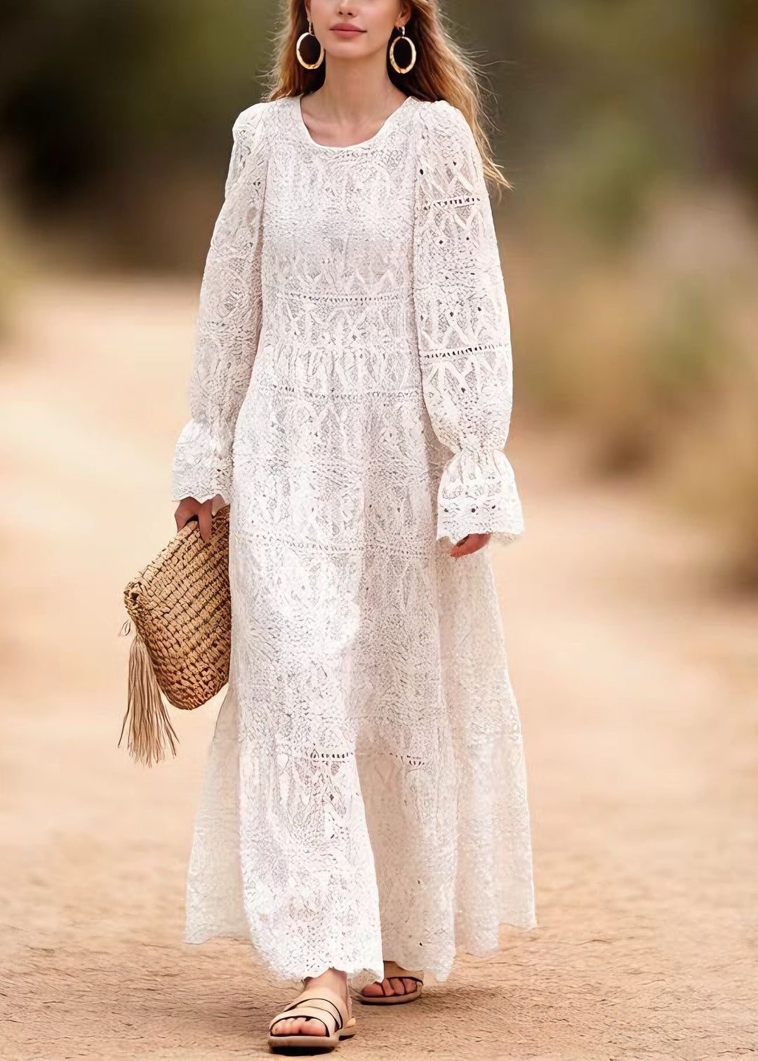 Women O Neck Embroidered Hollow Out Lace Long Dresses Spring