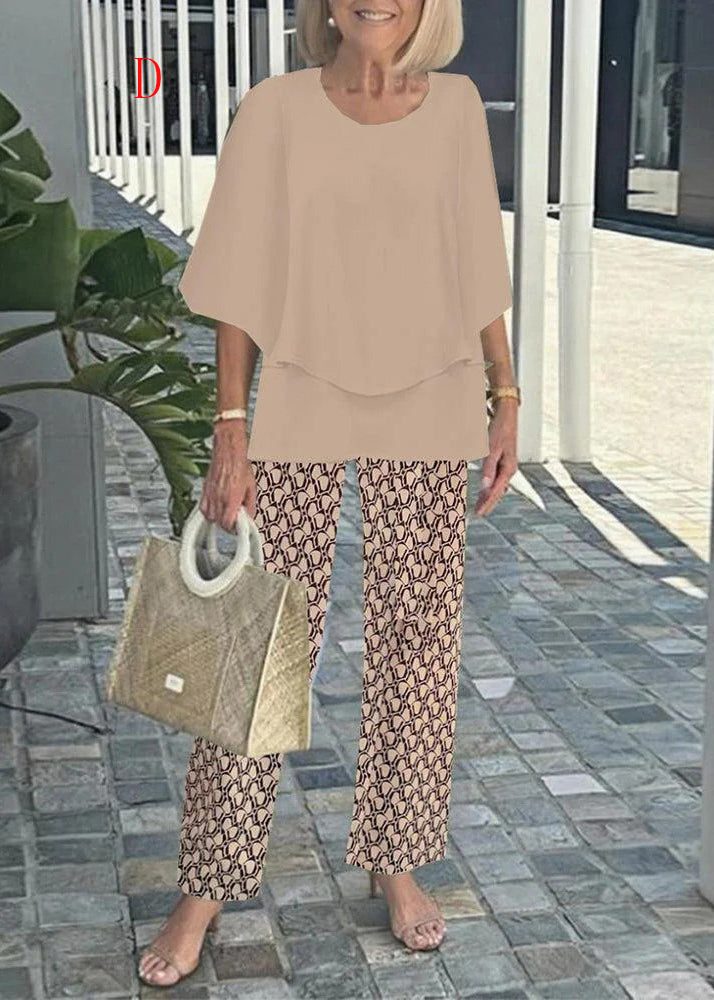 Women O Neck Print Loose Chiffon Two Pieces Set Summer