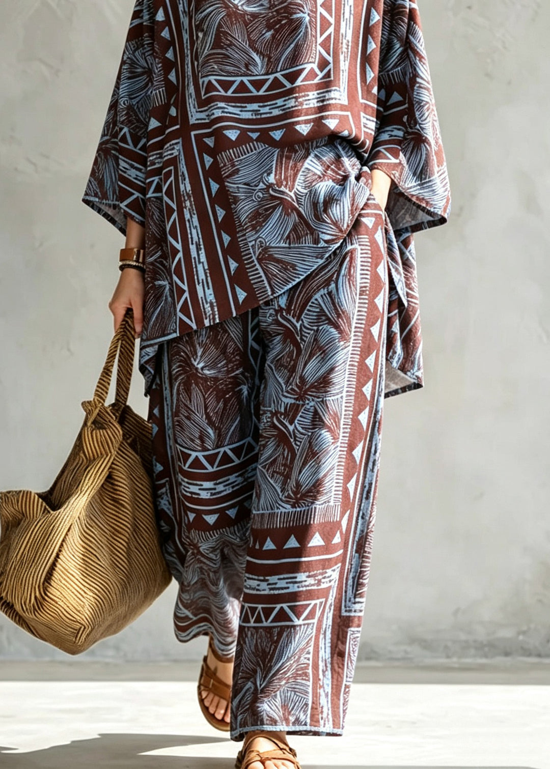 Women O Neck Print Tops And Pants Cotton Pajamas 2 Piece Outfit Summer