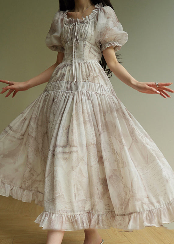 Women O-Neck Ruffled Print Tunic Chiffon Long Dress Summer