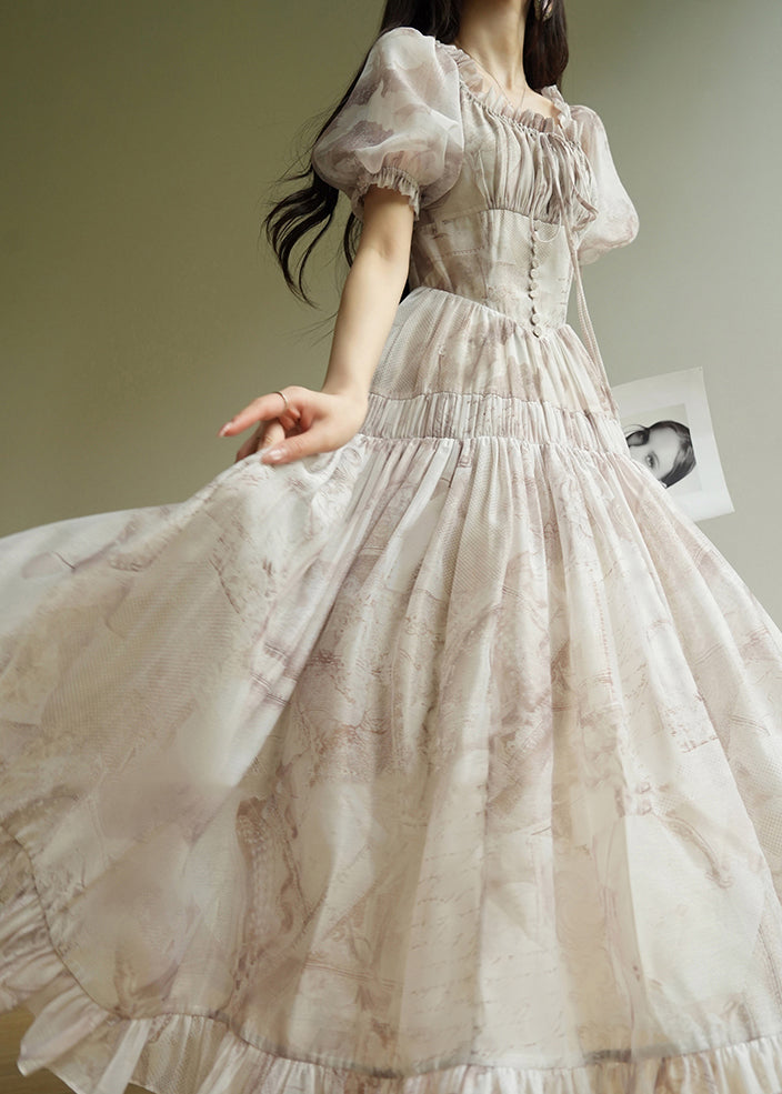 Women O-Neck Ruffled Print Tunic Chiffon Long Dress Summer