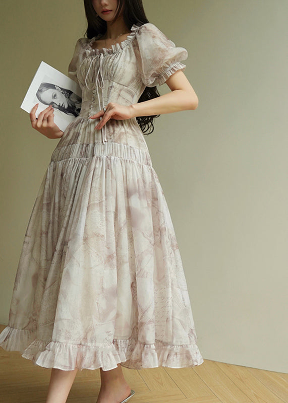 Women O-Neck Ruffled Print Tunic Chiffon Long Dress Summer