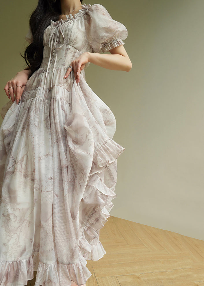 Women O-Neck Ruffled Print Tunic Chiffon Long Dress Summer