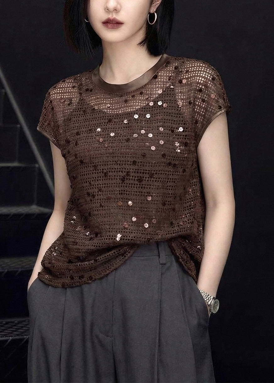 Women O-Neck Sequins Knit T Shirt Summer