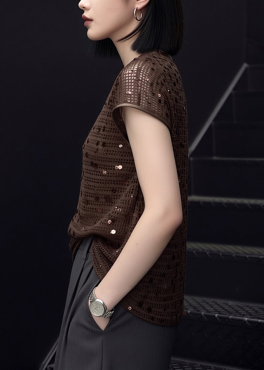 Women O-Neck Sequins Knit T Shirt Summer