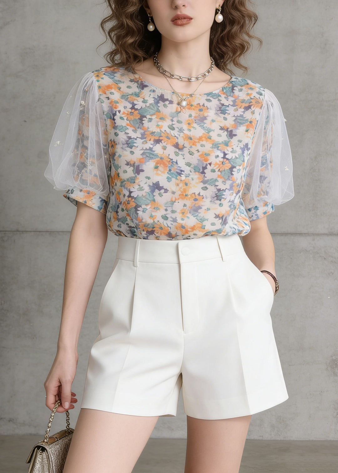 Women O-Neck Tulle Puff Sleeve Print Chiffon Top Summer