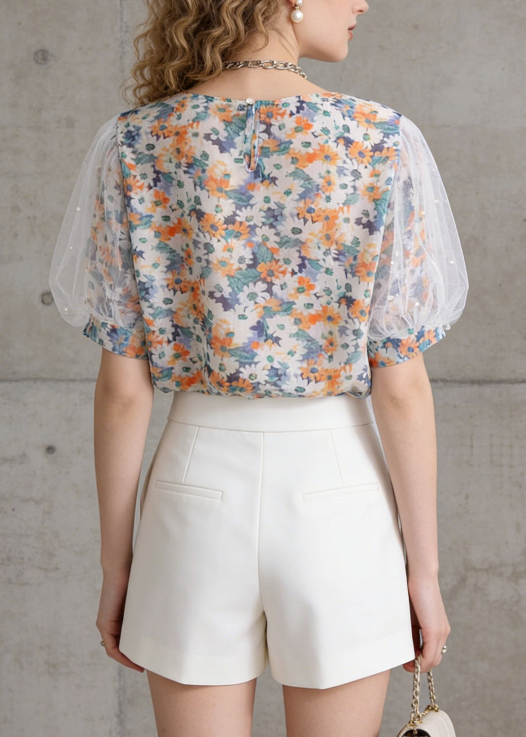 Women O-Neck Tulle Puff Sleeve Print Chiffon Top Summer