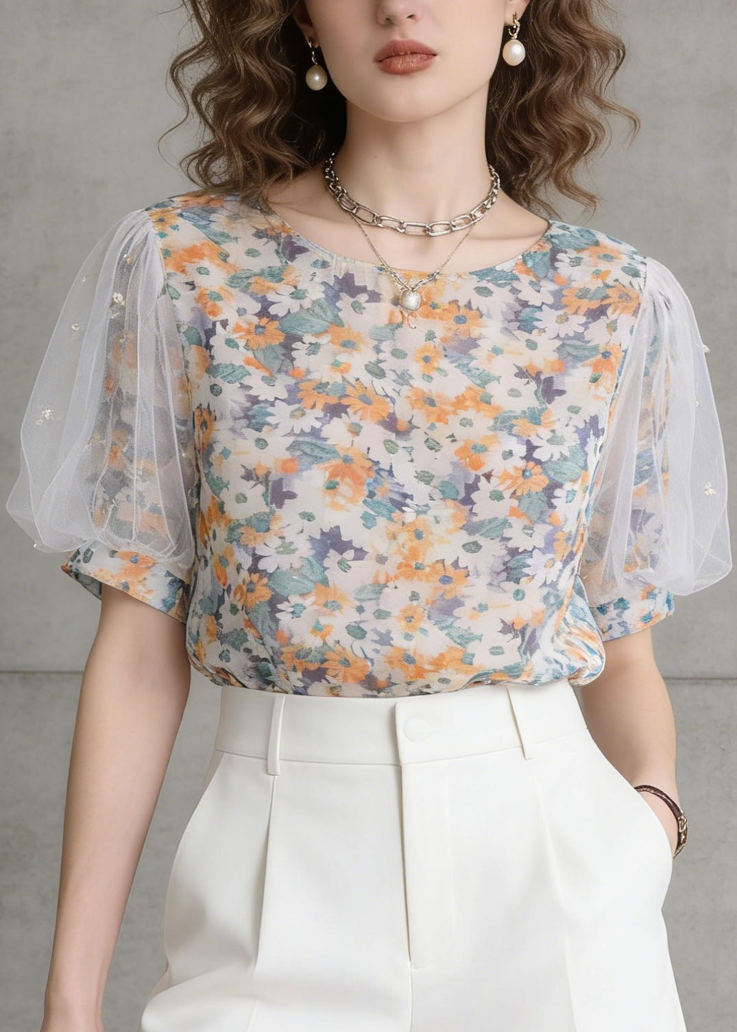 Women O-Neck Tulle Puff Sleeve Print Chiffon Top Summer