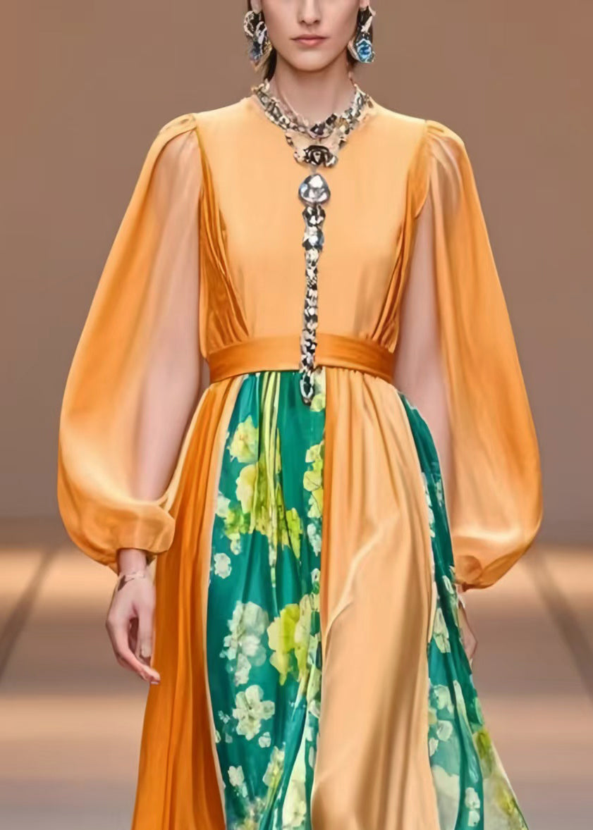 Women Orange Cinched Patchwork Silk Party Dress Lantern Sleeve