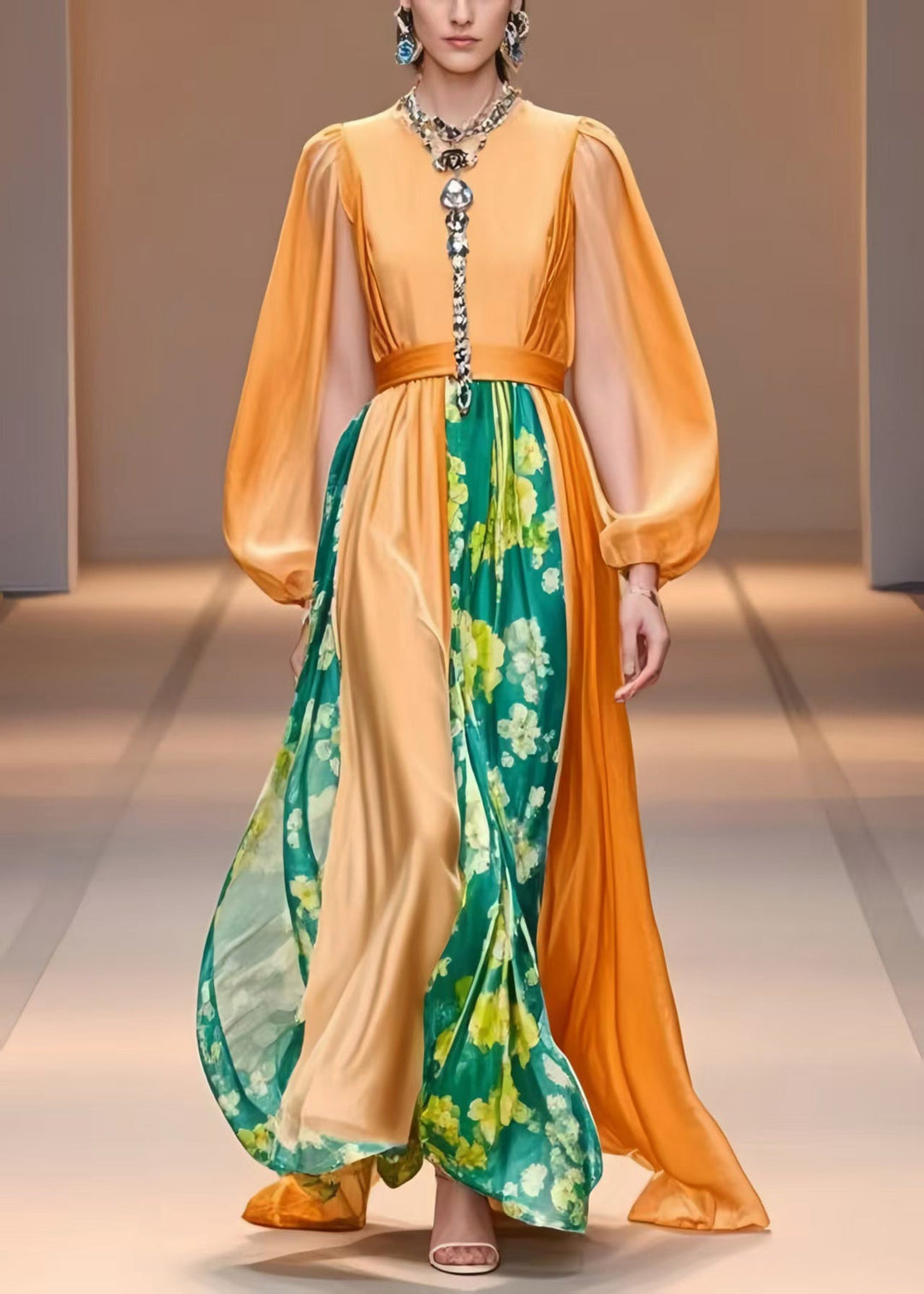 Women Orange Cinched Patchwork Silk Party Dress Lantern Sleeve