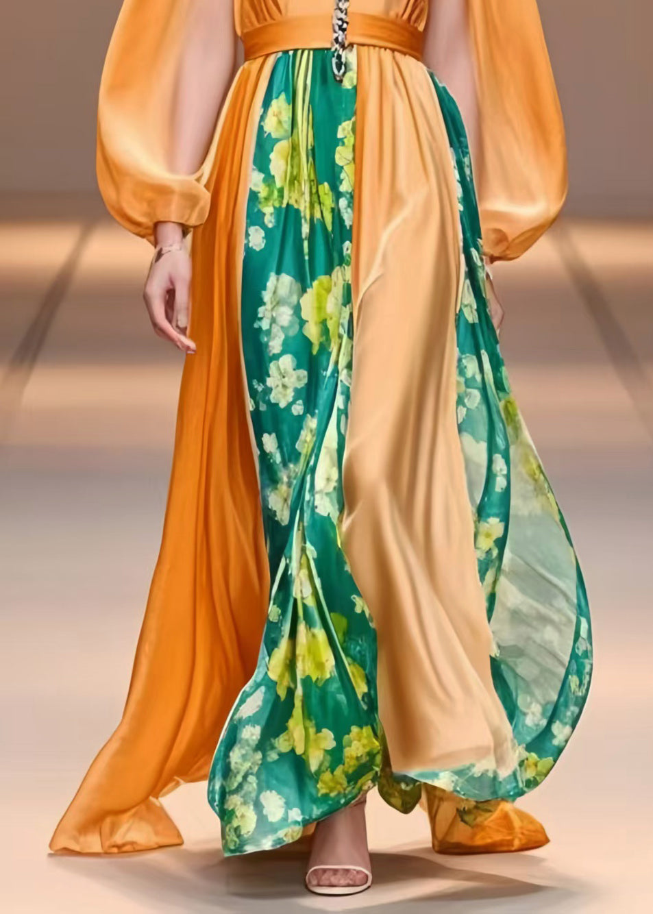 Women Orange Cinched Patchwork Silk Party Dress Lantern Sleeve
