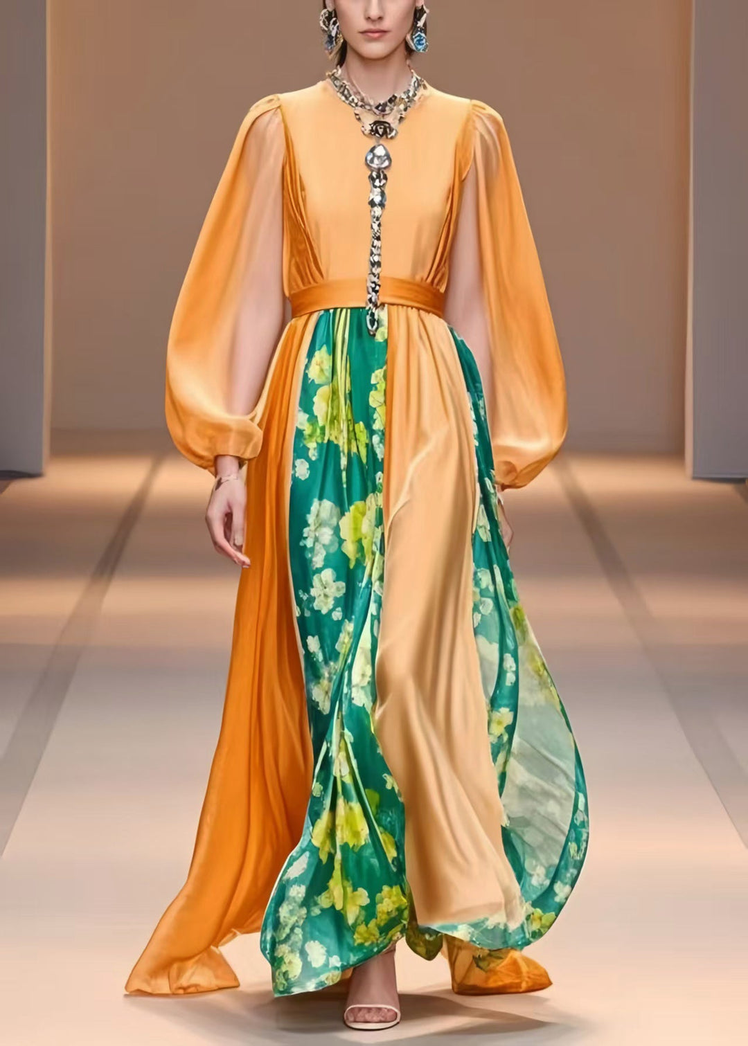 Women Orange Cinched Patchwork Silk Party Dress Lantern Sleeve