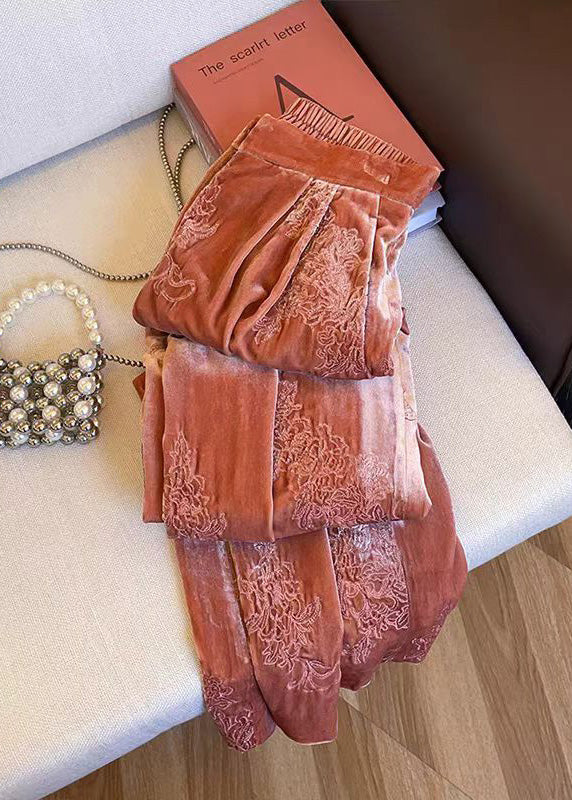 Women Orange Embroidered Elastic Waist Velvet Pants Spring