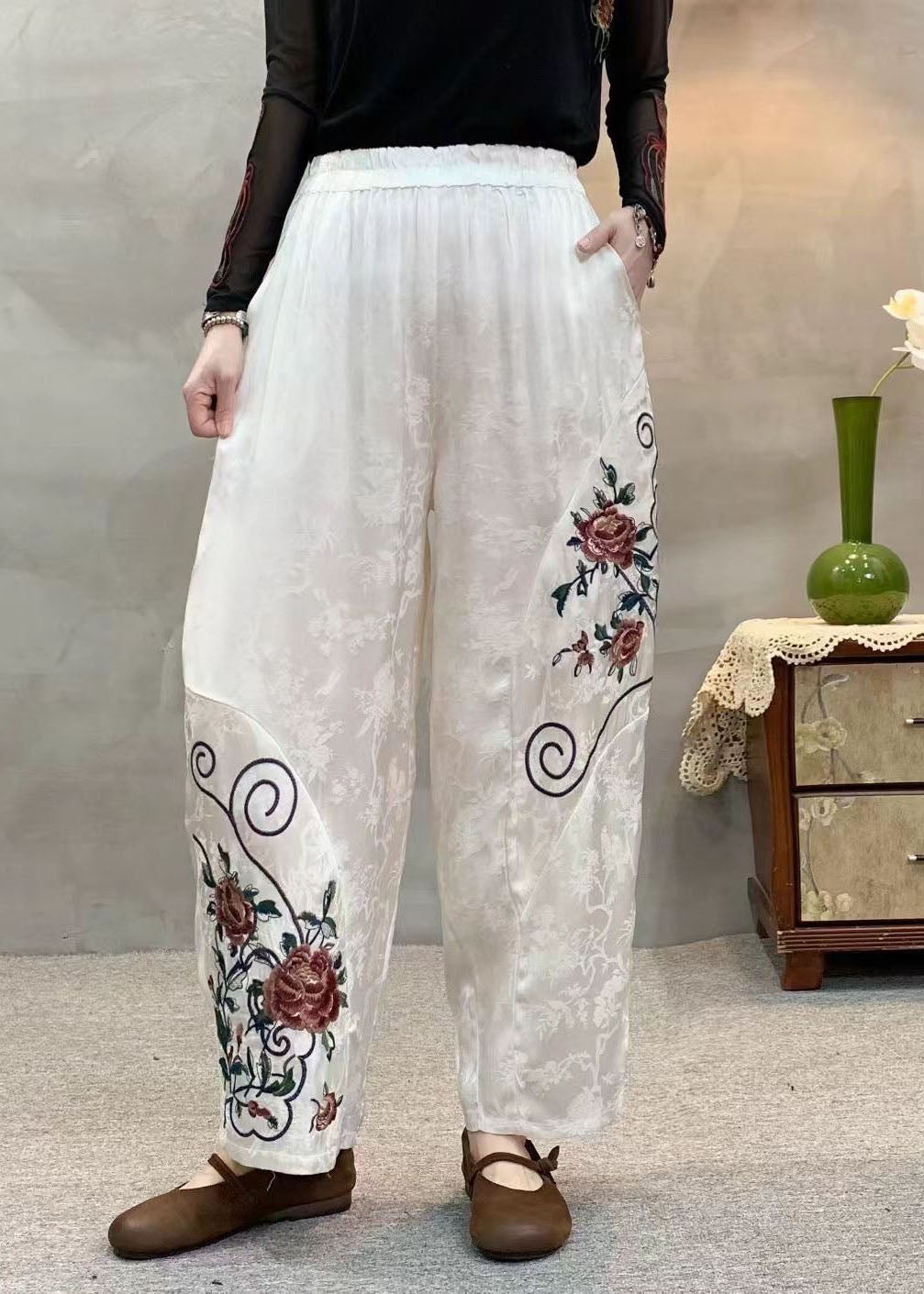 Women Orange Embroidered Jacquard Pockets Silk Harem Pants Spring