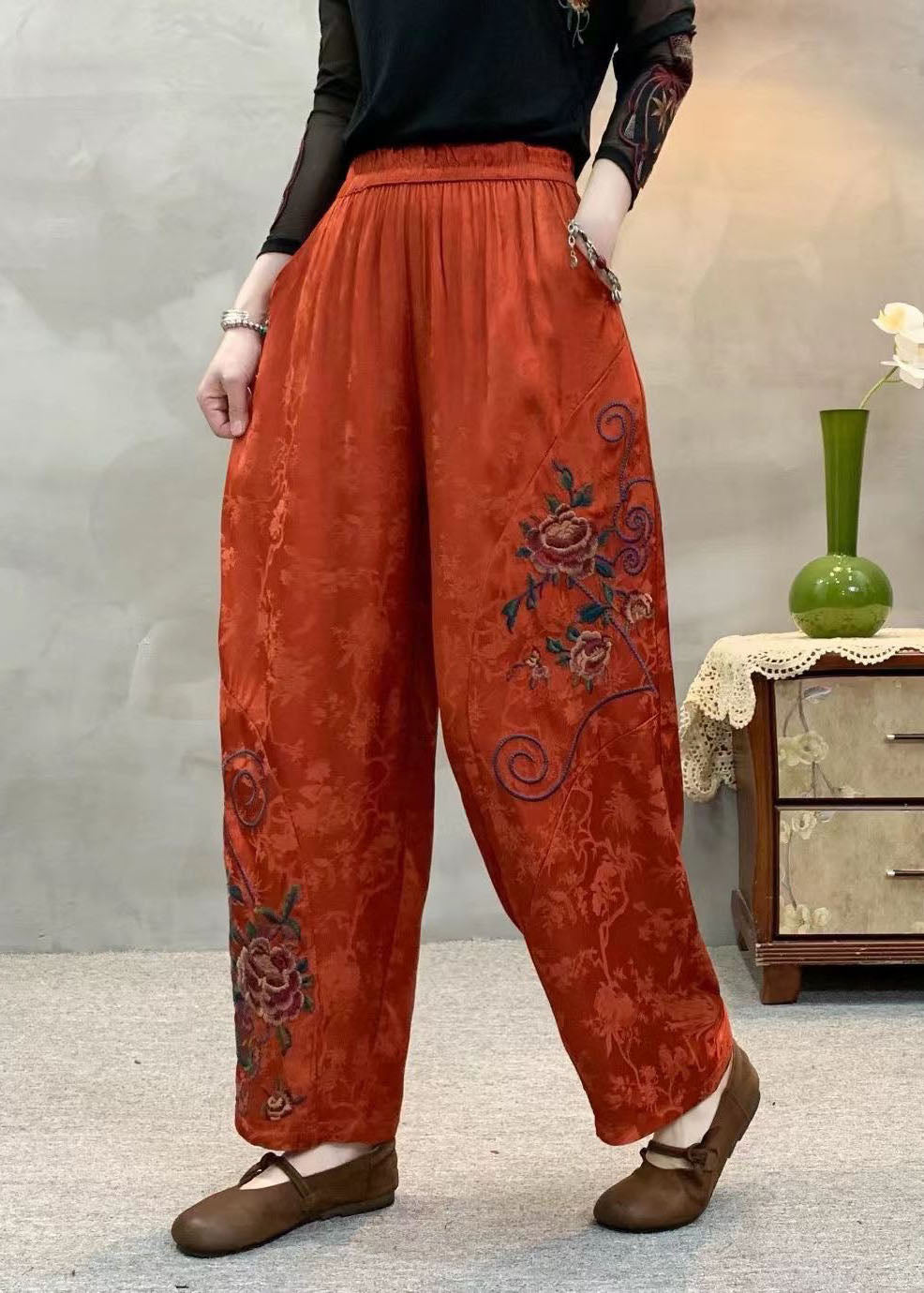 Women Orange Embroidered Jacquard Pockets Silk Harem Pants Spring