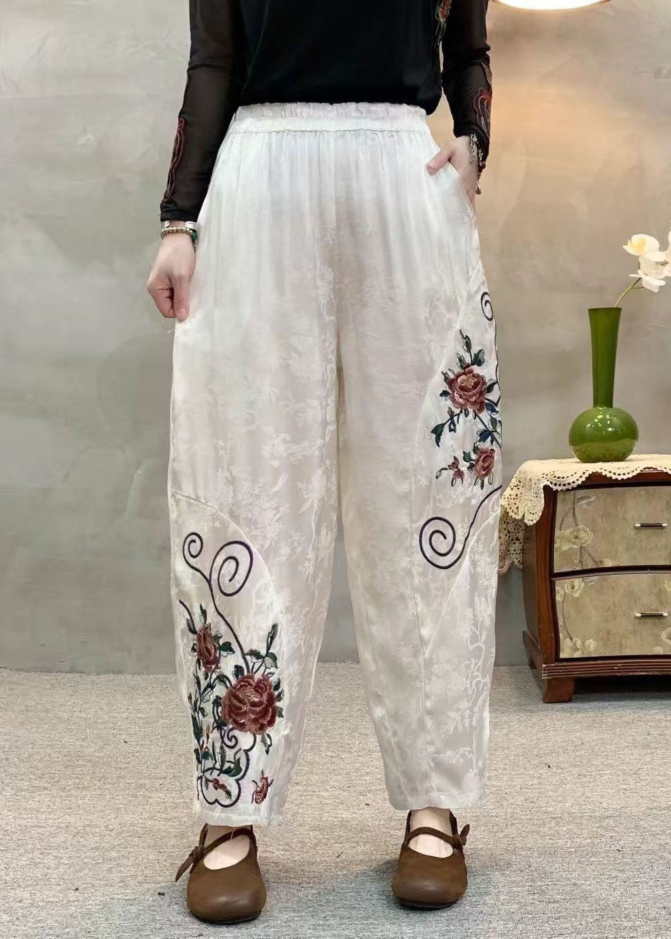 Women Orange Embroidered Jacquard Pockets Silk Harem Pants Spring