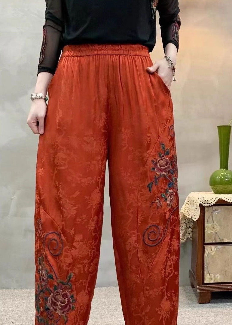 Women Orange Embroidered Jacquard Pockets Silk Harem Pants Spring