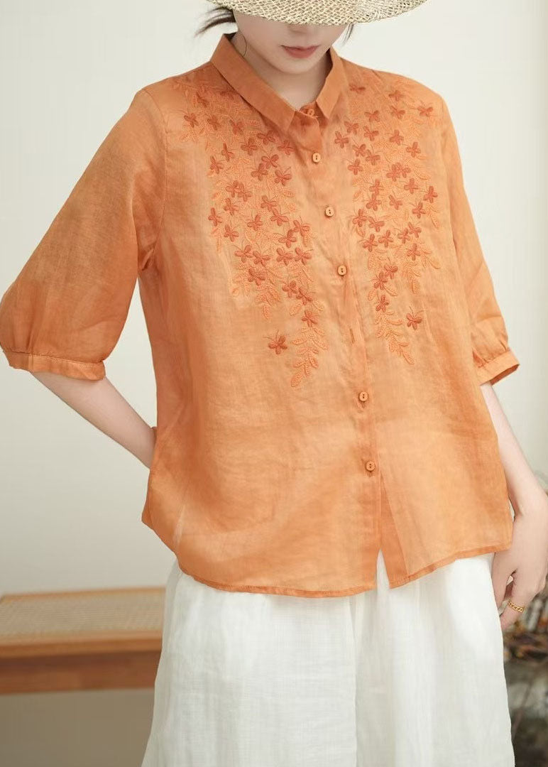 Women Orange Embroidered Linen Shirt Tops Bracelet Sleeve