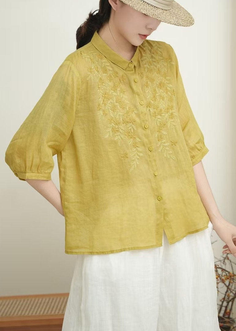 Women Orange Embroidered Linen Shirt Tops Bracelet Sleeve