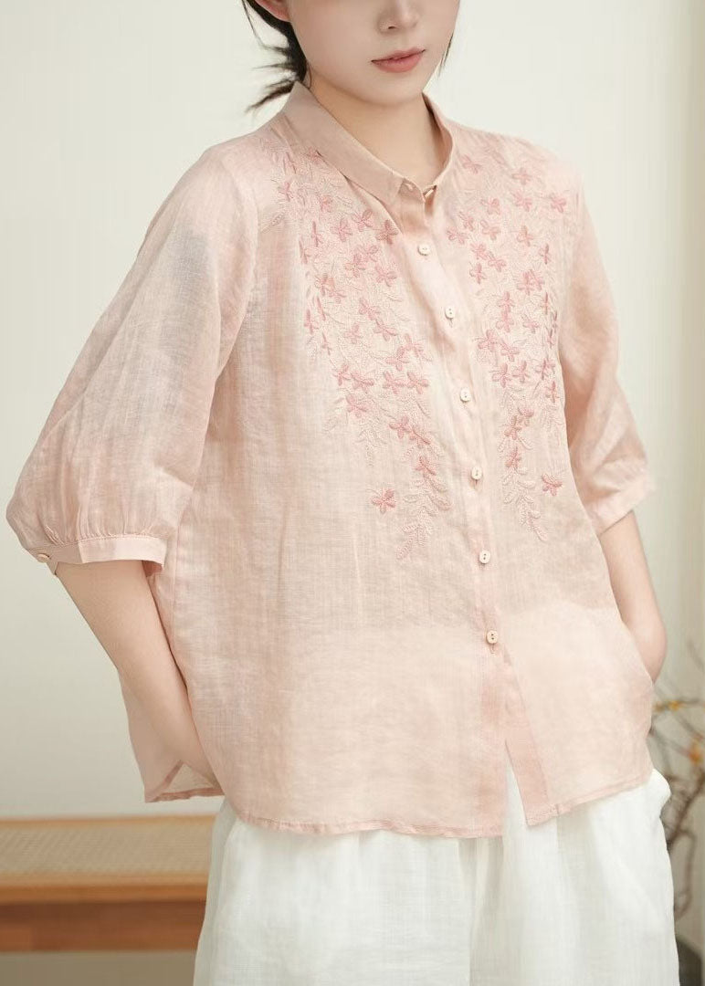 Women Orange Embroidered Linen Shirt Tops Bracelet Sleeve