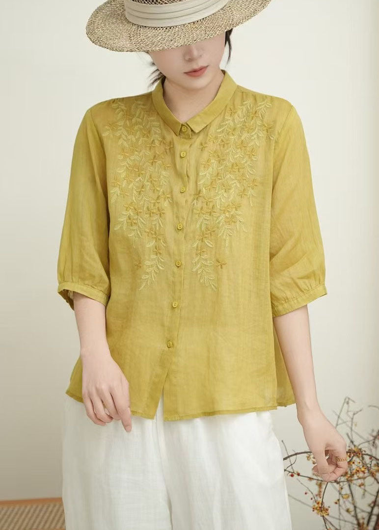 Women Orange Embroidered Linen Shirt Tops Bracelet Sleeve