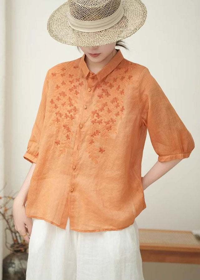 Women Orange Embroidered Linen Shirt Tops Bracelet Sleeve