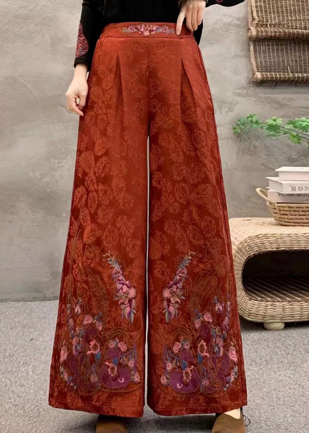 Women Orange Embroidered Pockets Warm Fleece Pants Trousers Winter