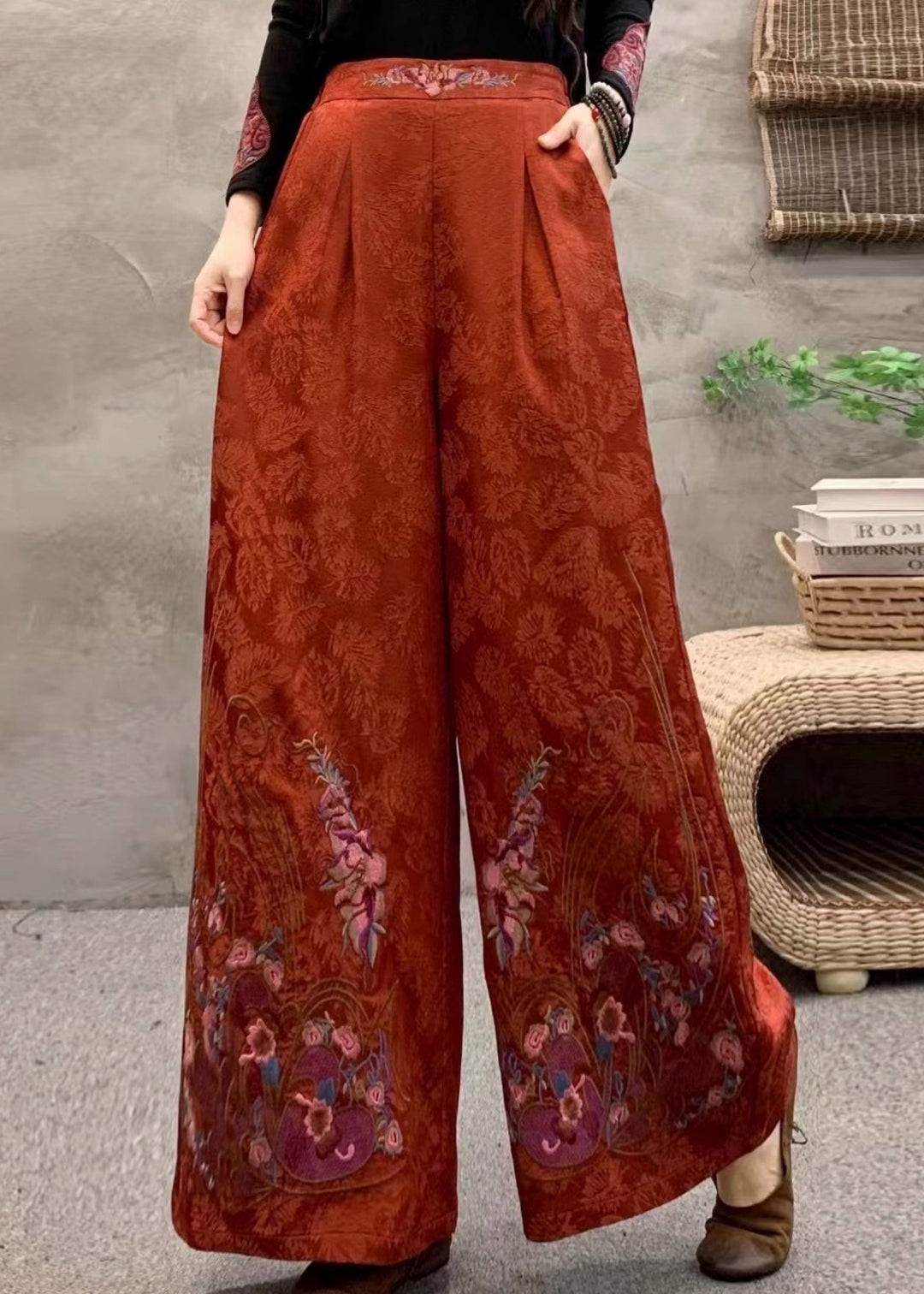 Women Orange Embroidered Pockets Warm Fleece Pants Trousers Winter