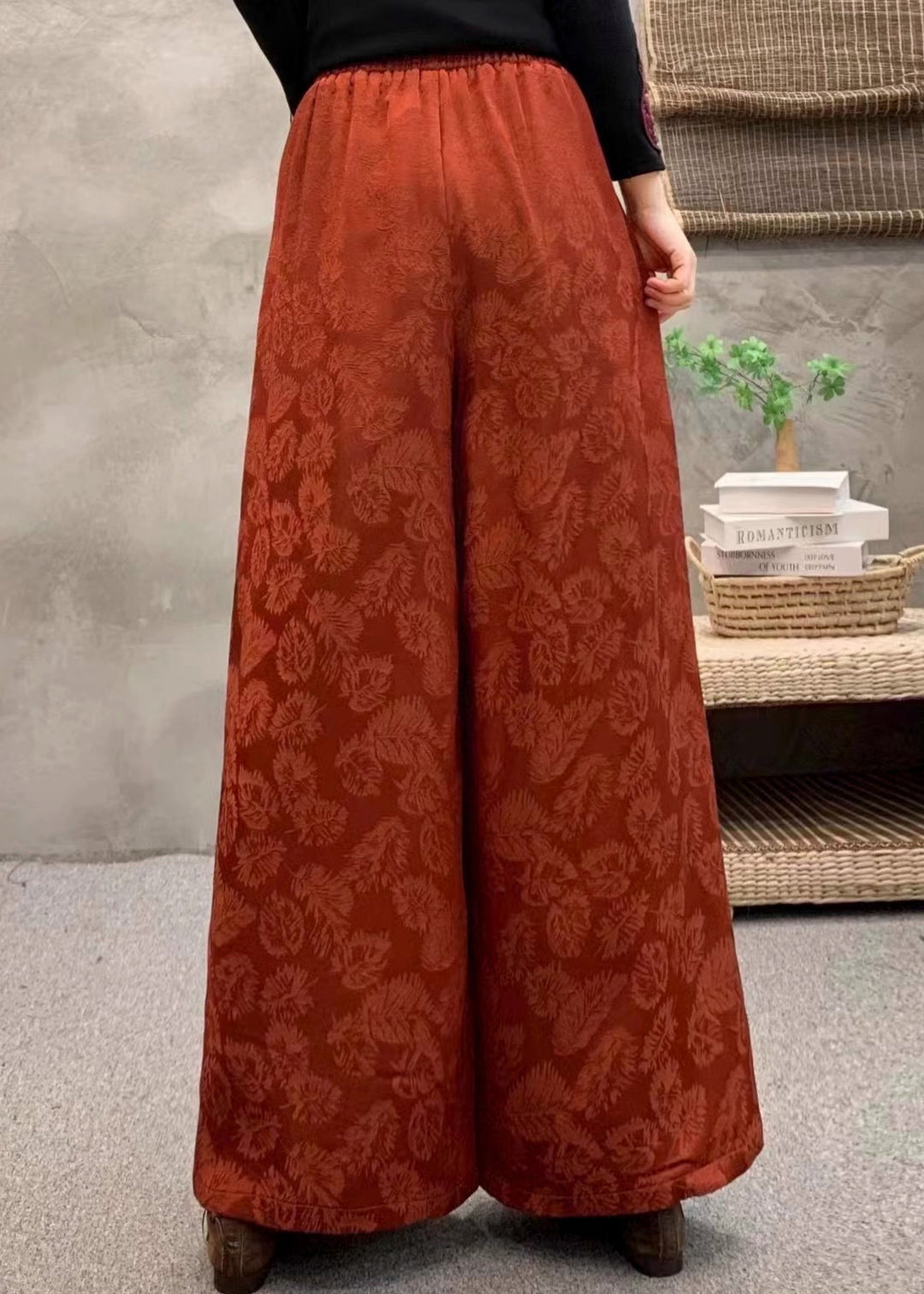 Women Orange Embroidered Pockets Warm Fleece Pants Trousers Winter