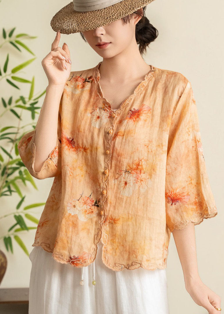 Women Orange Embroidered Print Linen Blouses Summer
