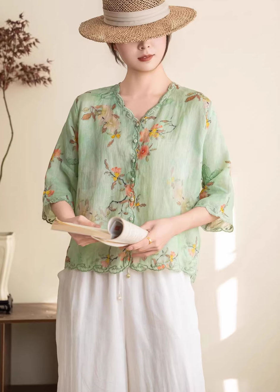 Women Orange Embroidered Print Linen Blouses Summer